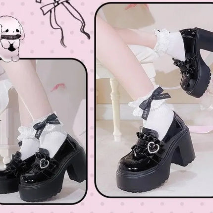 Sweet Heart-Shaped Buckle Lolita High Heels Pump Shoes for Women Y2k PU Leather Waterproof Platform Mary Janes Shoes PlatiNum