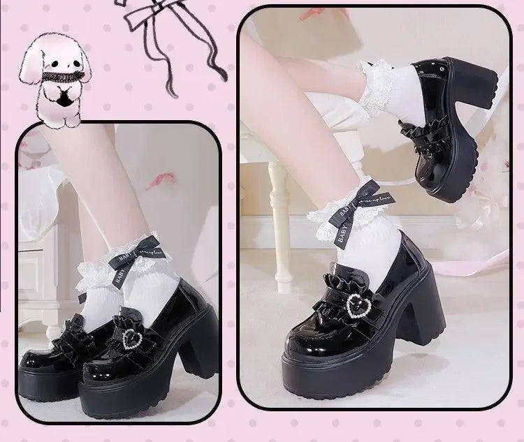 Sweet Heart-Shaped Buckle Lolita High Heels Pump Shoes for Women Y2k PU Leather Waterproof Platform Mary Janes Shoes PlatiNum