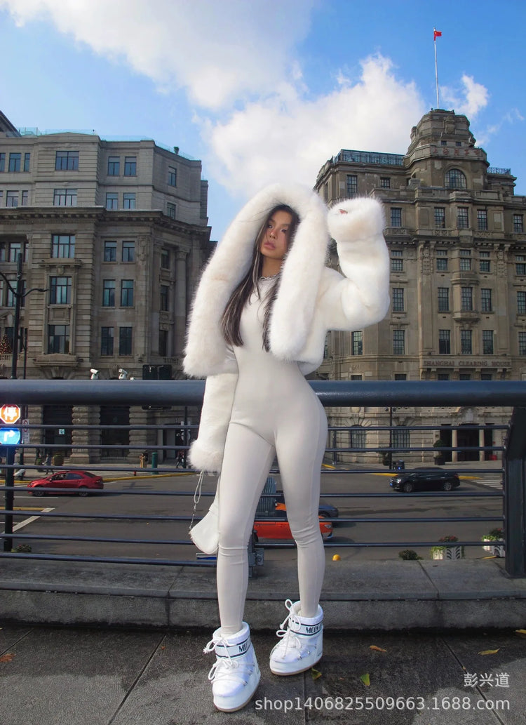 Faux Fox Fur Coats Women Fur Jackets Short Solid Hooded Long Sleeves Open Stitch Thick Warm Fur Loose Casual 2025 Autumn Winter