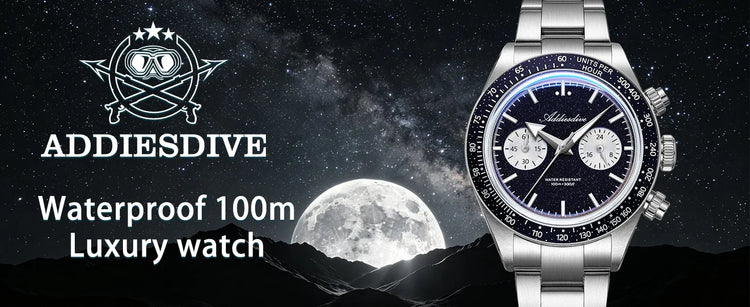 ADDIESDIVE Luxury Mens Watch New AD2558 VK64 Quartz Chronograph Stainless Steel Blue Sandstone Dial Luminous 100M Waterproof