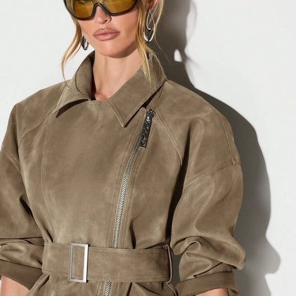 Belt Zipper Top with Waist Cinching American and European Style Streetwear Notched Lapel Thick No Hood Women Autumn Jacket
