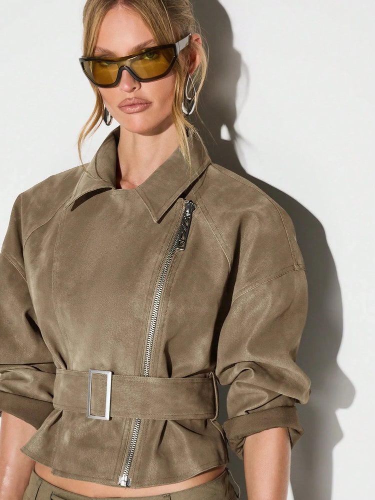 Belt Zipper Top with Waist Cinching American and European Style Streetwear Notched Lapel Thick No Hood Women Autumn Jacket
