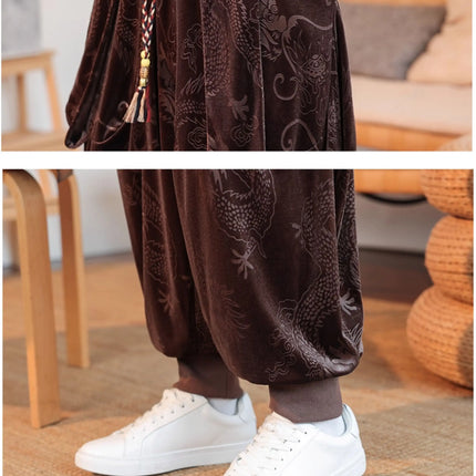 Pantaloni da uomo stile cinese retrò allentato drago scuro stampa pantaloni a gamba larga Kung Fu Tai Chi pantaloni casual tradizionali taglie forti 5XL