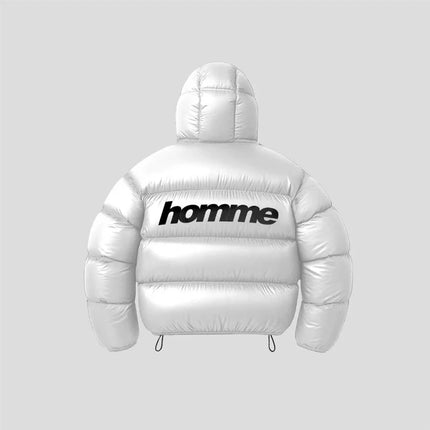 Men Shiny Puffer Jacket Back Homme Letter Print Hooded Down Coat Oversized Warm Winter Couple Bubble Coat Black White Unisex New