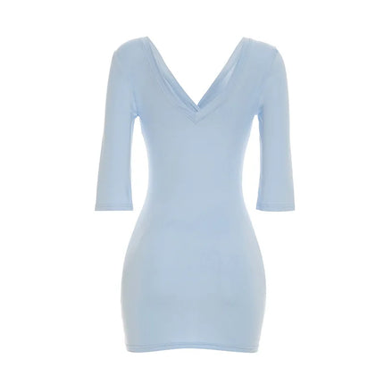 Women's Tsiisd Blue Mini Dress with Deep V-Neck, Elegant Bodycon Dress for Office, Summer, Daily, Streetwear, Fashion, Party