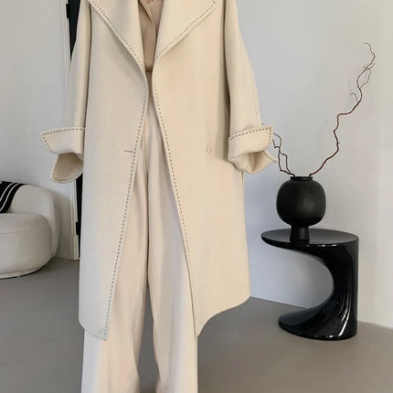 New Solid Korean Style Women Wool Coat Arch Needle Large Neck Versatile Fashion Texture Double Sided Trench Coats Female Winter