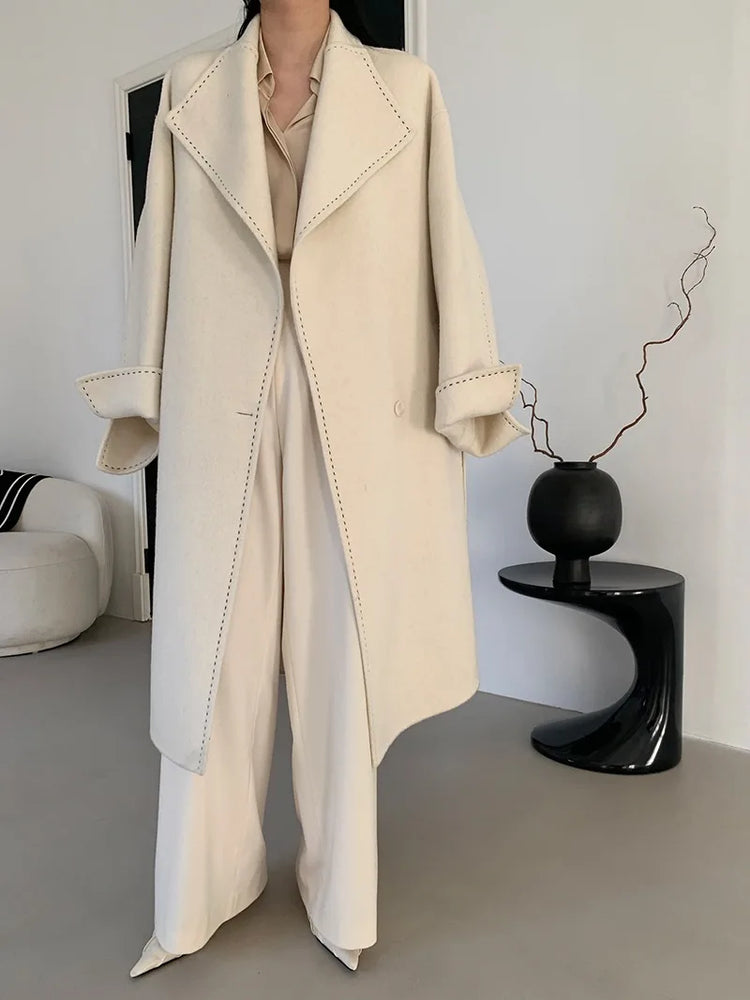 New Solid Korean Style Women Wool Coat Arch Needle Large Neck Versatile Fashion Texture Double Sided Trench Coats Female Winter