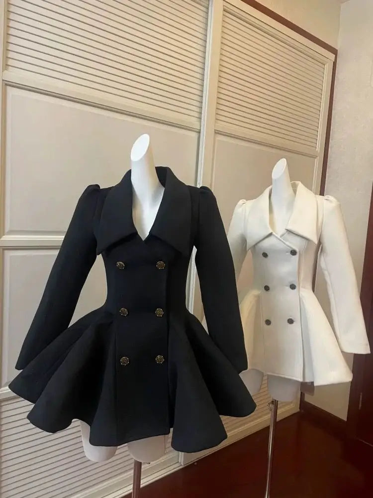Elegant Warm Winter Fur Collar Woolen Coat Women French Style Hepburn Slim Mid-length Outwear 2025 Vintage Lolita Chic Outfits