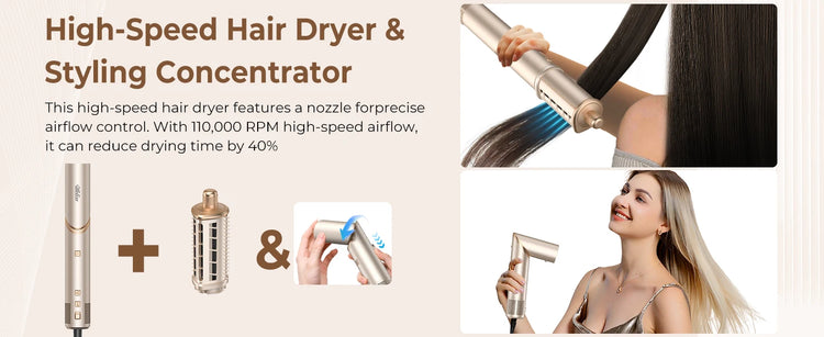 UKLISS 643 Champagne Color 8-in-1 Hot Air Styler Set, Detachable Multi Functional Hair Styling Tool, Hair Dryer, Curling Wand, Straightening Brush & Flat Iron All in One, Foldable Rotatable Auto Curler for Quick Drying, Smoot