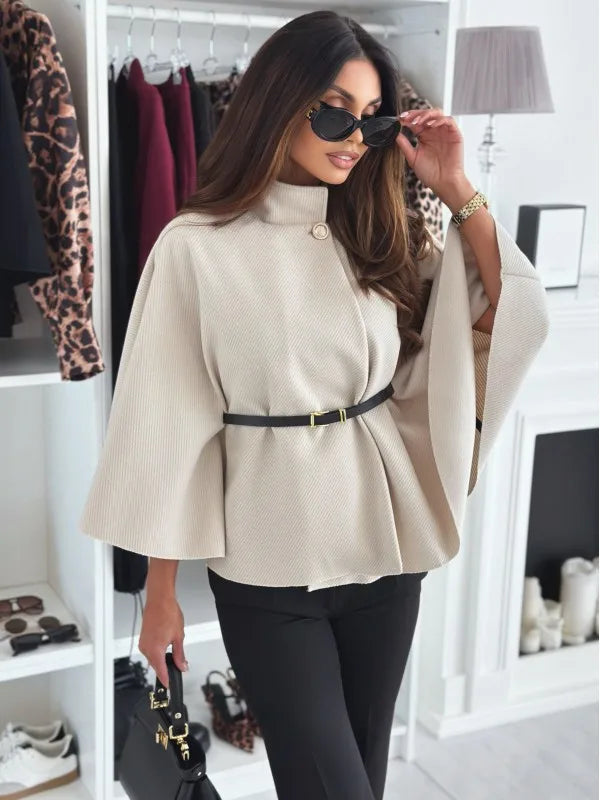 Women's Thick Turtleneck Batwing Sleeve Cape Coat with Single Button Elegant Three Quarter Length Top for Woman and Ponchos