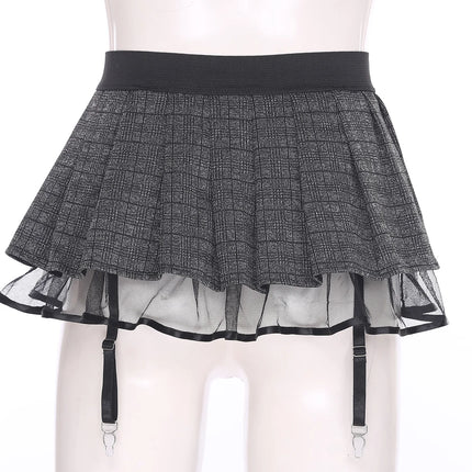 Studentinnen-Minirock für Rollenspiele mit Strapsen, karierter Faltenrock mit Tüllfutter, elastischer Taille, Nachtclub-Dessous