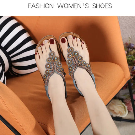 New 2026 Women's Summer Bohemian Style Sandals, Flip-Flop Design with Beaded and Rhinestone Buckle, Elastic Heel Strap, Comfortable Everyday Shoes