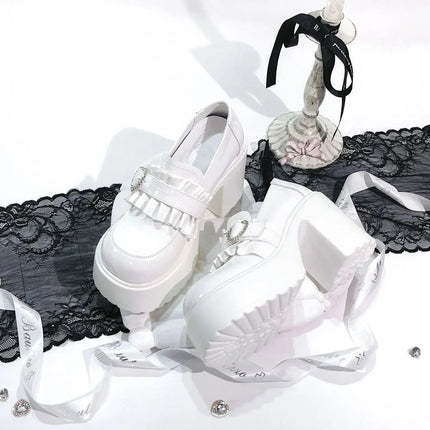 Sweet Heart-Shaped Buckle Lolita High Heels Pump Shoes for Women Y2k PU Leather Waterproof Platform Mary Janes Shoes PlatiNum