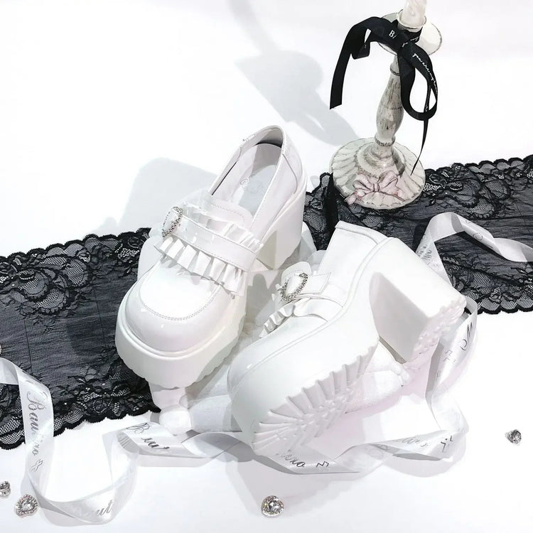 Sweet Heart-Shaped Buckle Lolita High Heels Pump Shoes for Women Y2k PU Leather Waterproof Platform Mary Janes Shoes PlatiNum