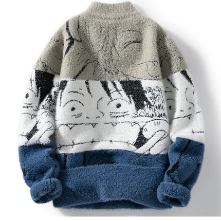 Mink Plush Thickened Round Neck Sweater New Men's Autumn Winter Loose Print Patchwork Fashion Knitted Sweater Long Sleeved Tops