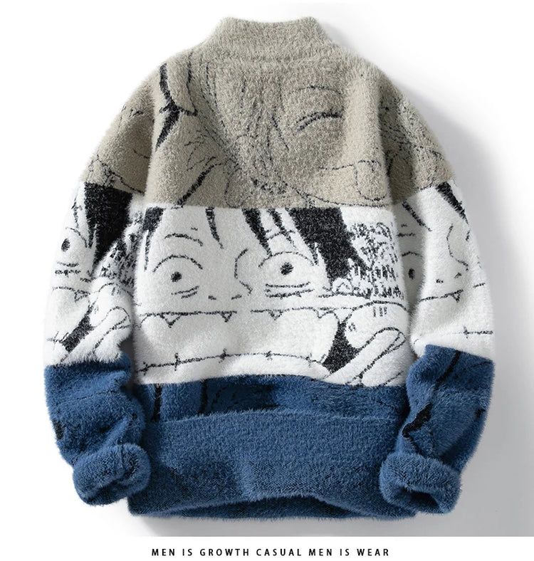Mink Plush Thickened Round Neck Sweater New Men's Autumn Winter Loose Print Patchwork Fashion Knitted Sweater Long Sleeved Tops