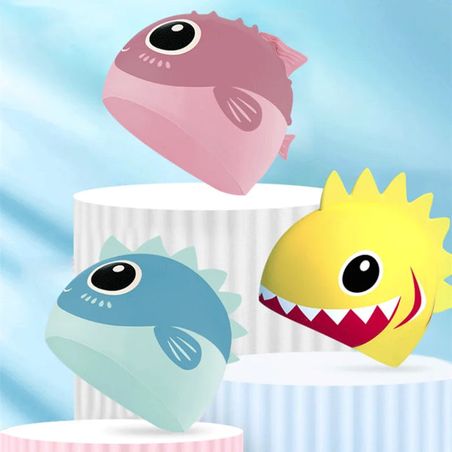Kids Swimming Cap, Cute Cartoon Dinosaur Swim Cap for Boys and Girls, High Elasticity Waterproof Soft Silicone Kids Swim Cap