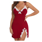 Camicia da Notte Sexy da Donna in Seta e Pizzo con Scollo a V, Orlo Spaccato, Lingerie Morbida, Abito da Notte Senza Maniche, Abbigliamento Femminile