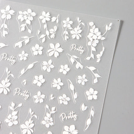 2pcs White Flower 3D Nail Art Stickers Sakura Blooming Florals Leaf Self-Adhesive Nail Decorations Sliders for DIY Manicure