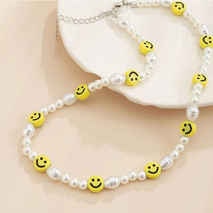 Bracciale con collana con volto sorridente di perle divertenti per donna Uomo Vitalità Sorriso colorato Accessori girocollo con perline Set di gioielli di moda platinumshop