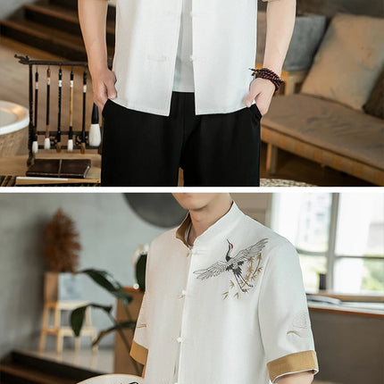 Camicie da uomo con gru ricamate Kungfu Tai Chi Casual manica corta nuovo stile cinese colletto alla coreana Cardigan in lino Tang Suit uomo Top
