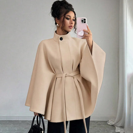 Elegant Women's Woolen Coat Autumn Winter Stand up Collar Cape Style Design Tie Waist Atmospheric Fashionable Ladies Outerwear