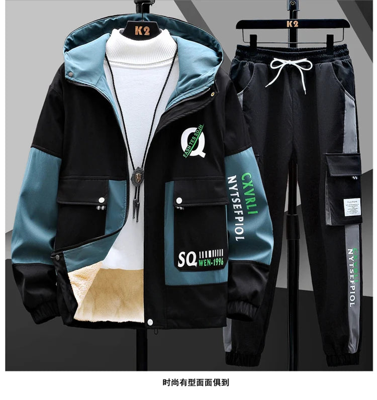 Winter Outfits Men Thick Warm Tracksuit Set Men Fashion Clothing SportswearJacket Pants 2 Piece Fleece Lined Sets