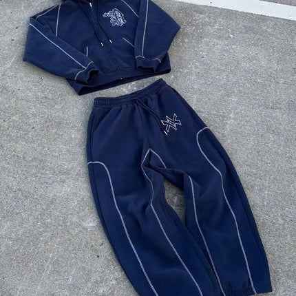 American Y2K Casual Zipper Hoodie Sweatpant Two Piece Set HipHop Oversized Embroidery Sweatshirts Men Women Casual Pants PlatiNum
