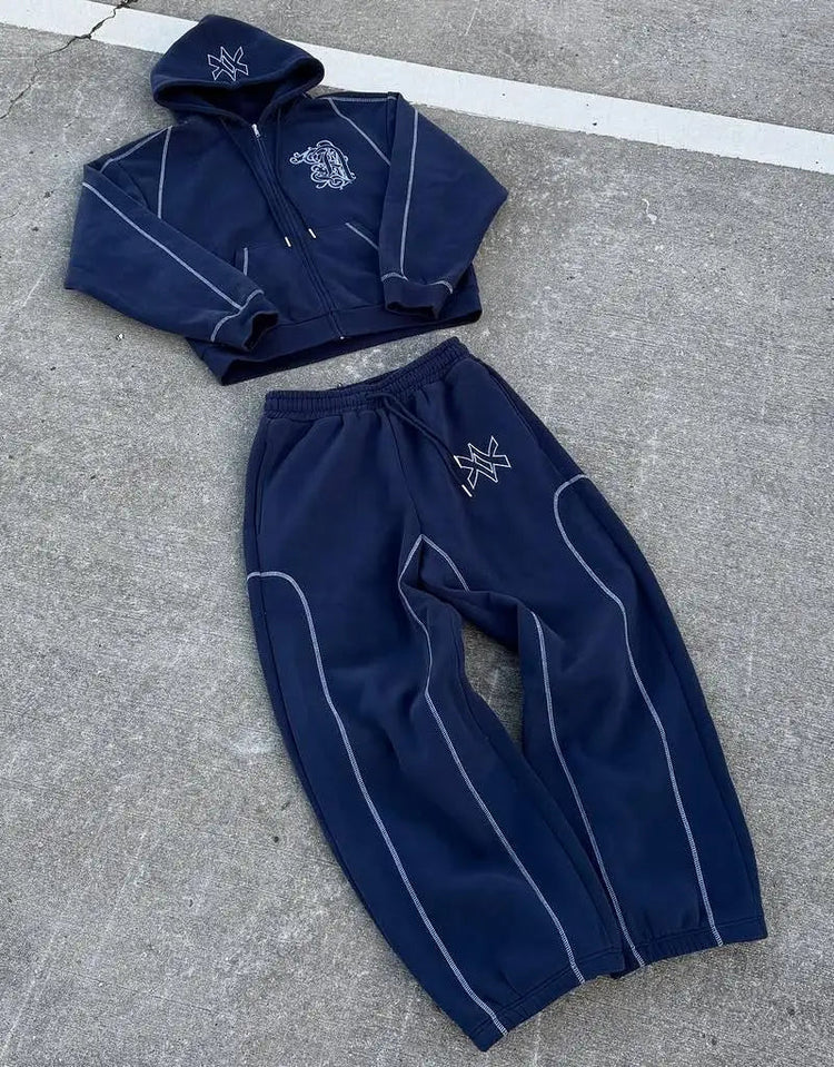American Y2K Casual Zipper Hoodie Sweatpant Two Piece Set HipHop Oversized Embroidery Sweatshirts Men Women Casual Pants PlatiNum