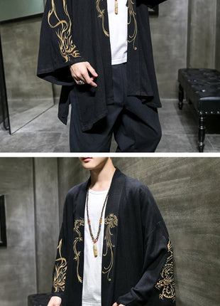 Trench da uomo ricamato in cotone Hanfu Lino Abito stile cinese Giacca cardigan Casual Kimono oversize 5XL Cappotto antico maschile
