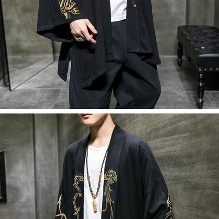 Trench da uomo ricamato in cotone Hanfu Lino Abito stile cinese Giacca cardigan Casual Kimono oversize 5XL Cappotto antico maschile
