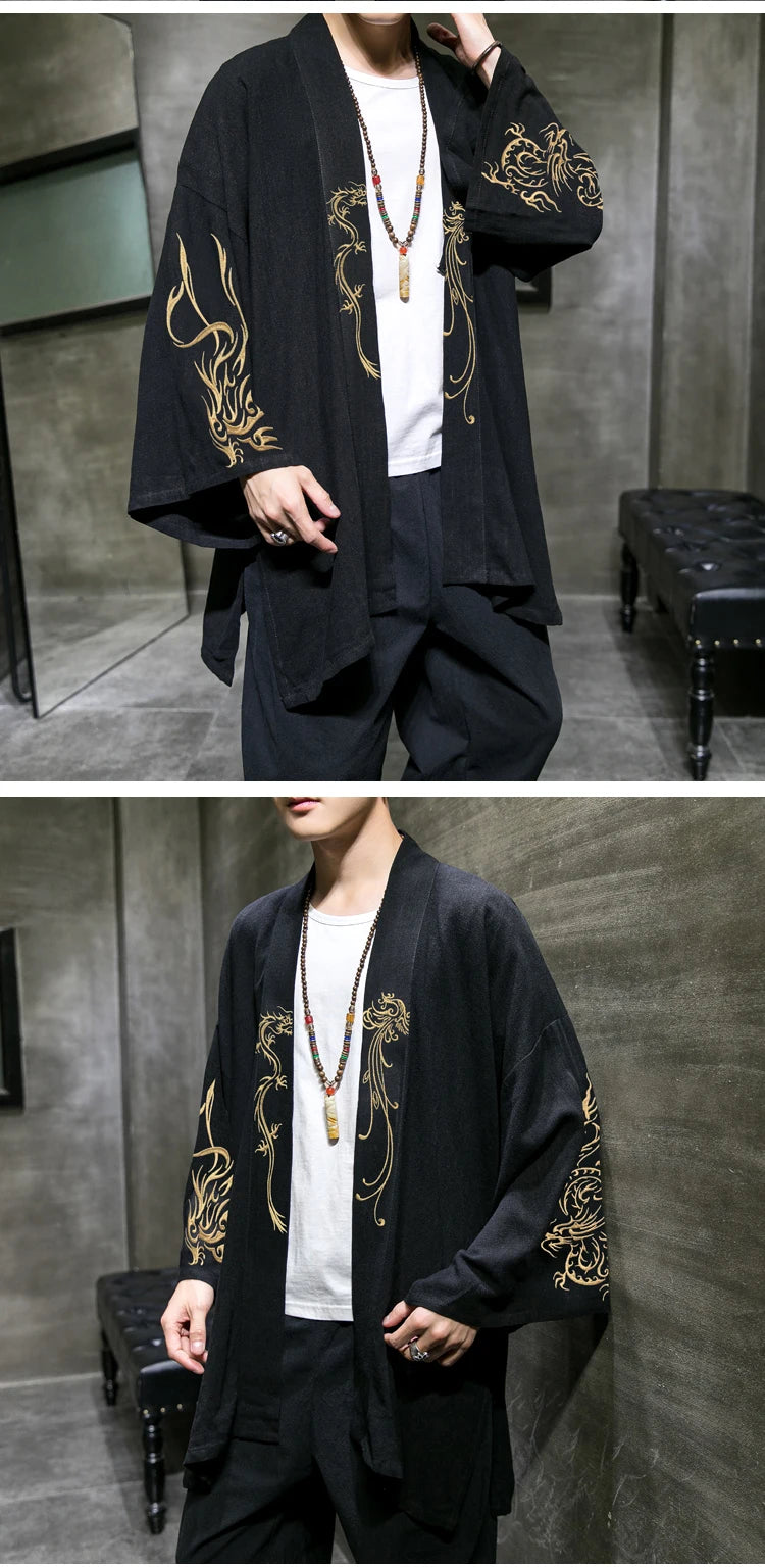 Trench da uomo ricamato in cotone Hanfu Lino Abito stile cinese Giacca cardigan Casual Kimono oversize 5XL Cappotto antico maschile