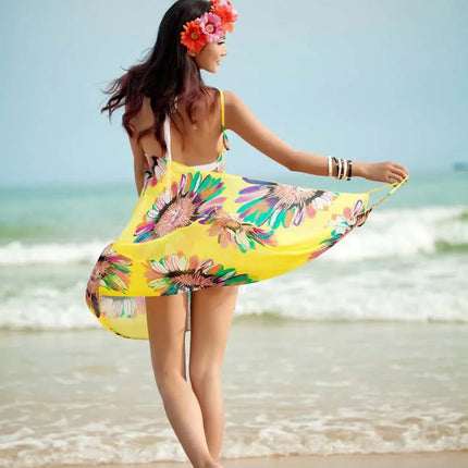 Copricostumi stampati Abito da spiaggia sexy Donna Halter Sling Chiffon Asciugamano da spiaggia Bikini Wrap Pareo Gonne Costumi da bagno aperti sul retro platinumshop
