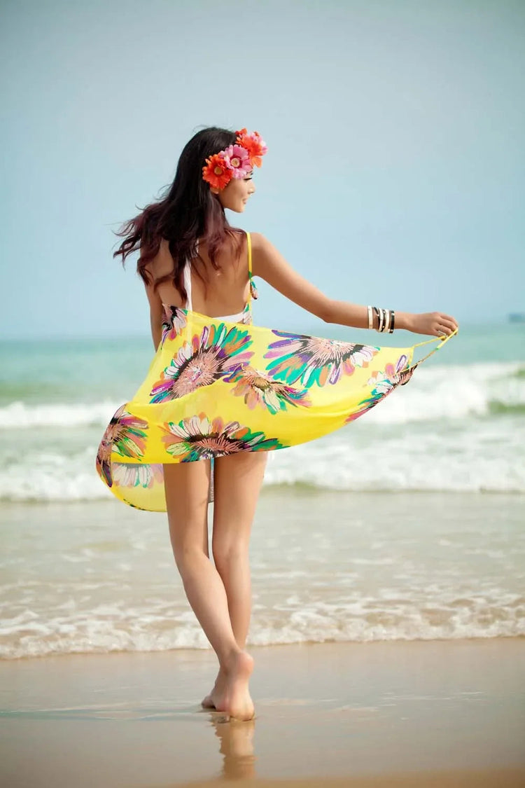 Copricostumi stampati Abito da spiaggia sexy Donna Halter Sling Chiffon Asciugamano da spiaggia Bikini Wrap Pareo Gonne Costumi da bagno aperti sul retro platinumshop