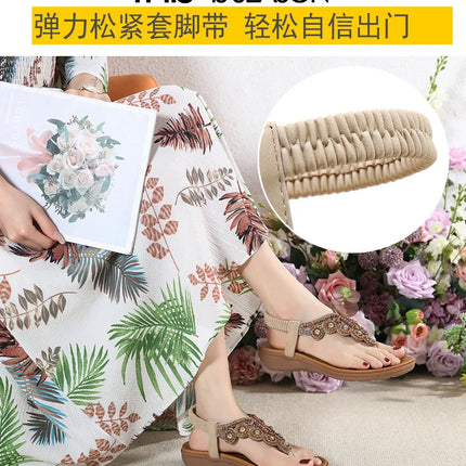 New 2026 Women's Summer Bohemian Style Sandals, Flip-Flop Design with Beaded and Rhinestone Buckle, Elastic Heel Strap, Comfortable Everyday Shoes