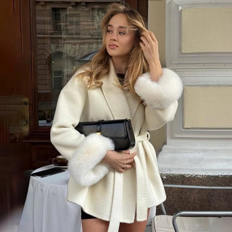 TARUXY Fox Fur Woolen Coats Women's Short Coat Office Lady Removable Elegant Double-sided Wool Overcoat 2025 New Cardigan Jacket