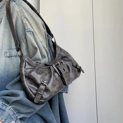 Y2K Vintage Distressed Leather Women Bag Shoulder Bag Maillard Style Underarm Purse Two Tone Crossbody Bag for Women PlatiNum