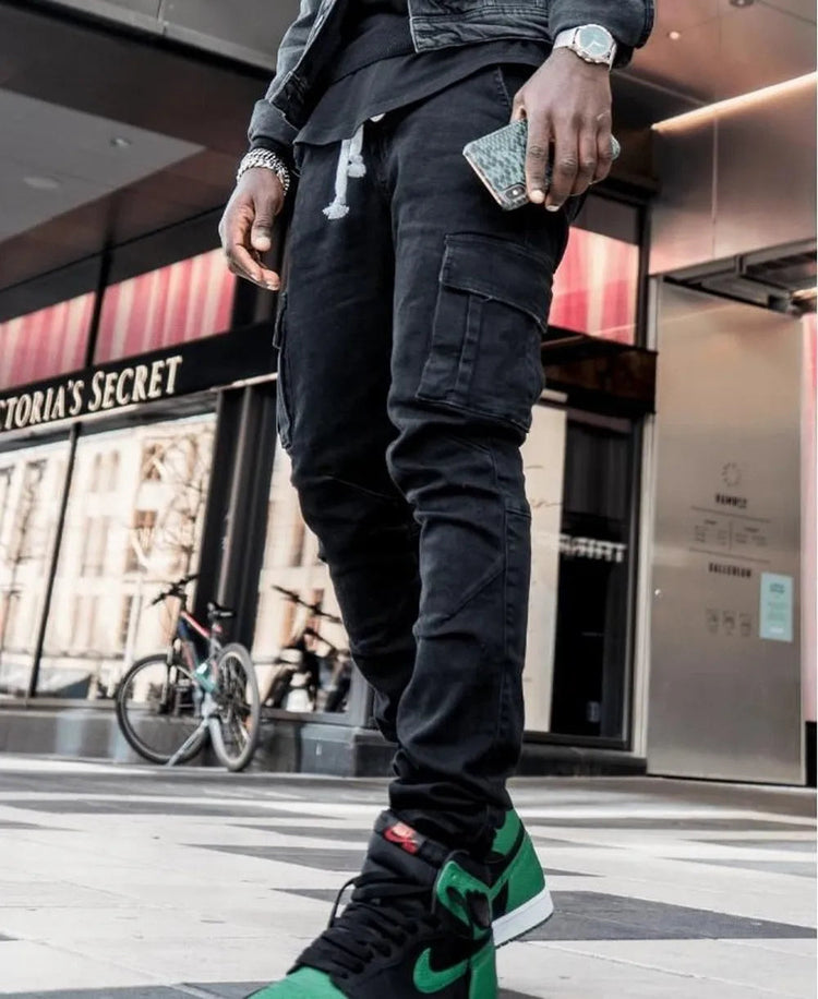 Street Elastic Jeans Men Denim Cargo Pants Wash Solid Color Multi Pockets Casual Mid Waist Trousers Slim Fit Daily Wear Joggers PlatiNum