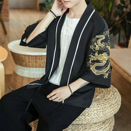Japan Samurai Shirt uomo ricamato Kimono giapponese manica corta Cardigan uomo estate sottile moda Casual Yukata Cardigan Top uomo