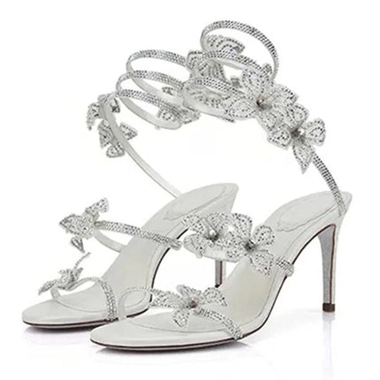 Eilyken Sexy CRYSTAL Flower Thin High Heels Women Sandals Street Style Narrow Band Ankle Strap Pole Dancing Ladies Shoes PlatiNum