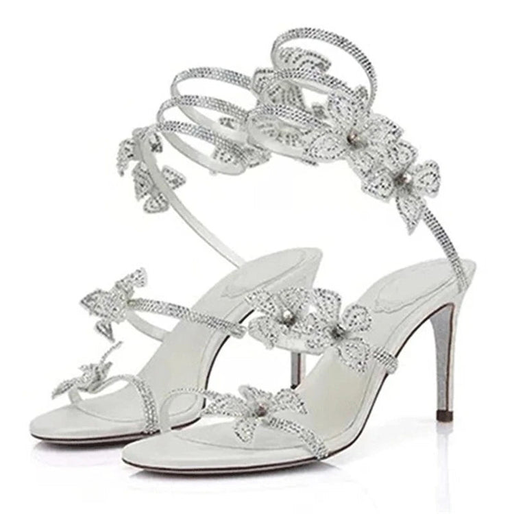 Eilyken Sexy CRYSTAL Flower Thin High Heels Women Sandals Street Style Narrow Band Ankle Strap Pole Dancing Ladies Shoes PlatiNum