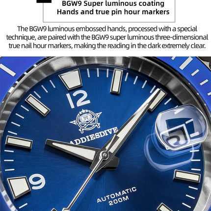 ADDIESDIVE Men Fashion Diving Mechanical Watch, Sapphire Crystal 20Bar Ceramic Bezel Super Luminous Stainless Steel Personalized