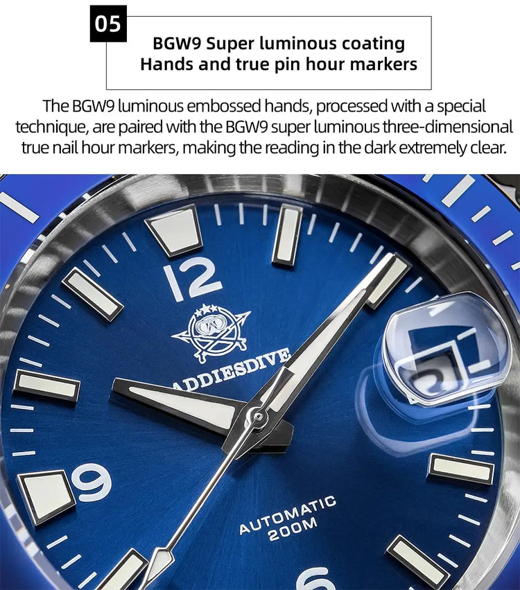 ADDIESDIVE Men Fashion Diving Mechanical Watch, Sapphire Crystal 20Bar Ceramic Bezel Super Luminous Stainless Steel Personalized
