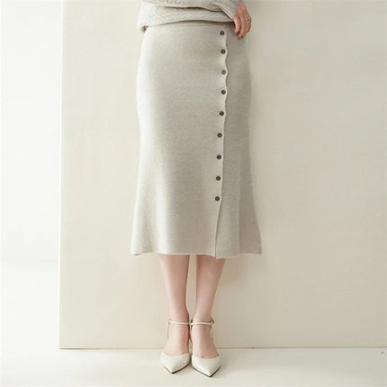 Women 100% Cashmere Skirts Office Lady Autumn Winter Knitted High Waist A-Skirt Graceful Long Warm front-open skirt with buttons PlatiNum