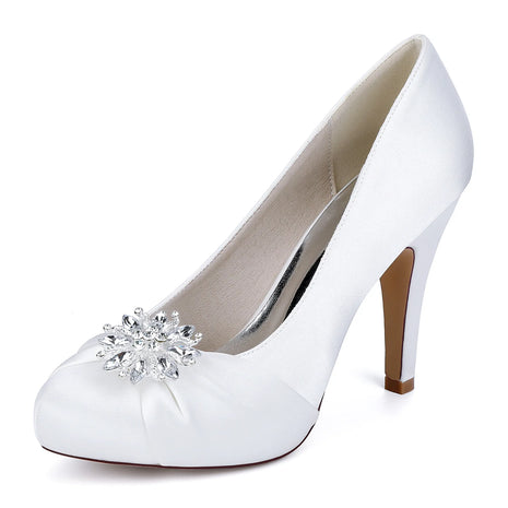 Primavera Bocca di pesce Testa tonda Strass di seta Tavolo impermeabile Scarpe da sposa Tacco alto Abito da banchetto Sandali da donna di grandi dimensioni