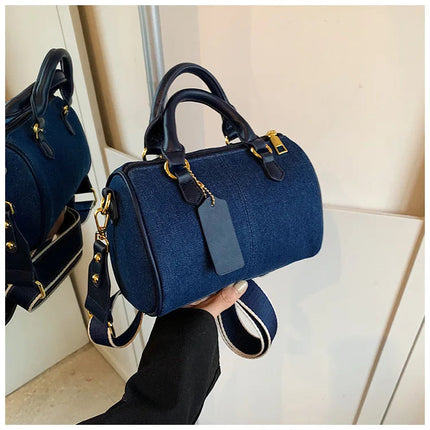 Patchwork Colorblock Mini Handbags For Women Denim Shoulder Cross Body Bags Casual Street Small Boston Bag 2025 Designer Purses PlatiNum
