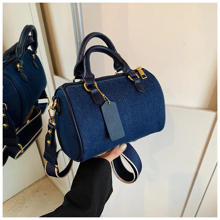 Patchwork Colorblock Mini Handbags For Women Denim Shoulder Cross Body Bags Casual Street Small Boston Bag 2025 Designer Purses PlatiNum