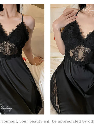 2025 nuova camicia da notte sexy canotta da donna in pizzo indumenti da notte per la casa in raso co