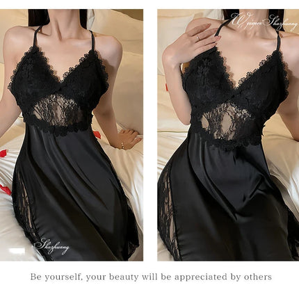 2025 nuova camicia da notte sexy canotta da donna in pizzo indumenti da notte per la casa in raso con scollo a V profondo backless canotta di lusso indumenti da notte plus size rosso nero