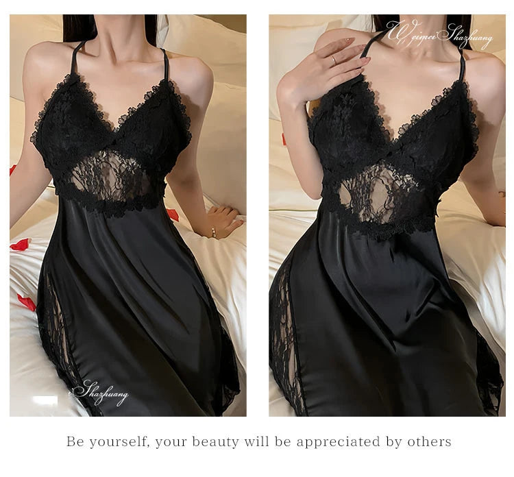 2025 nuova camicia da notte sexy canotta da donna in pizzo indumenti da notte per la casa in raso co
